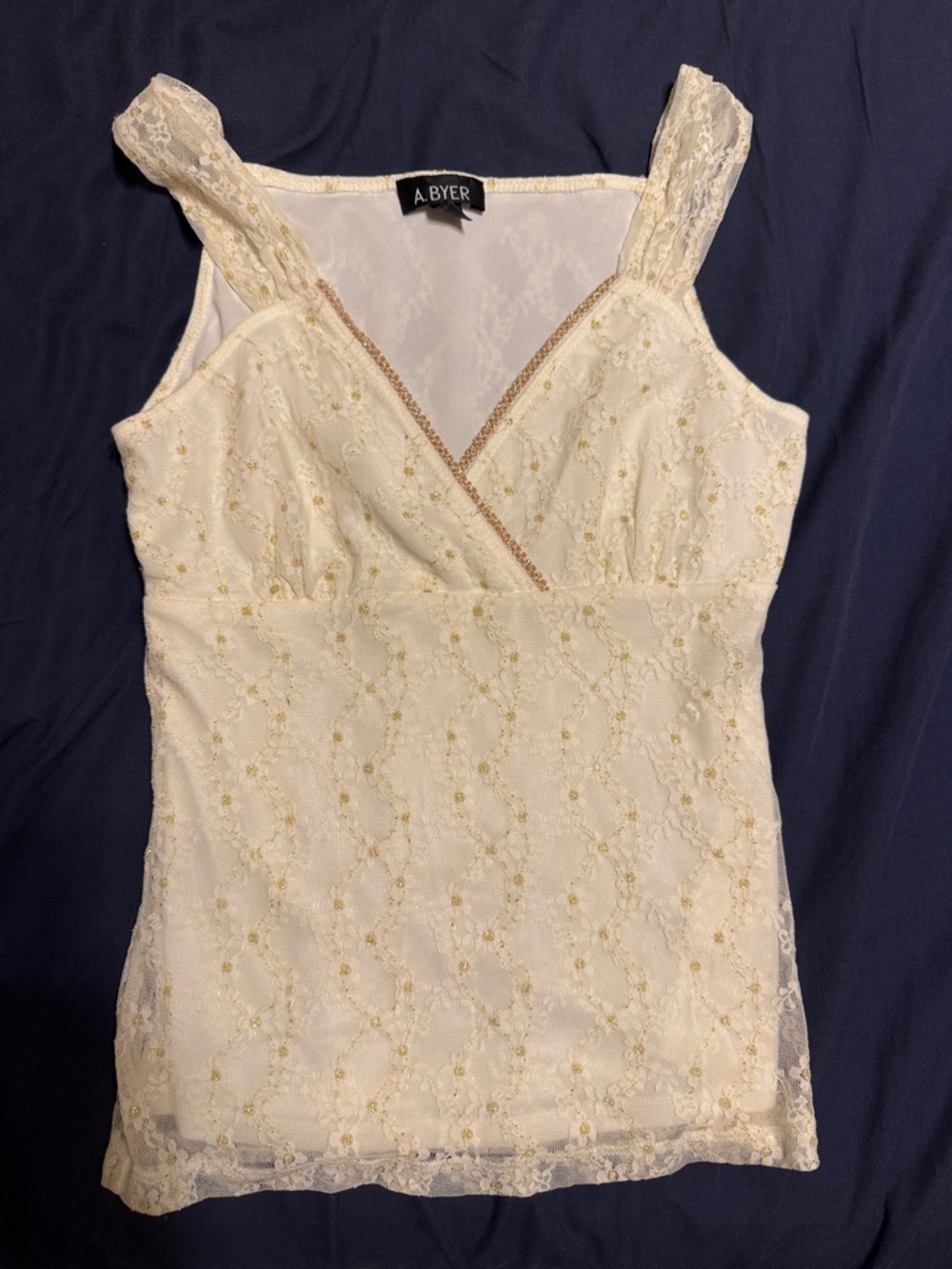 A. Byer Ivory Lace V-Neck Tank with Gold Trim vintage